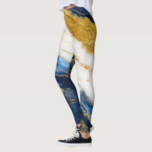 Luxurious Navy Blue & Gold Leaf Marble Leggings