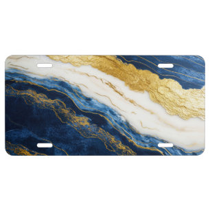 Luxurious Navy Blue & Gold Leaf Marble License Plate