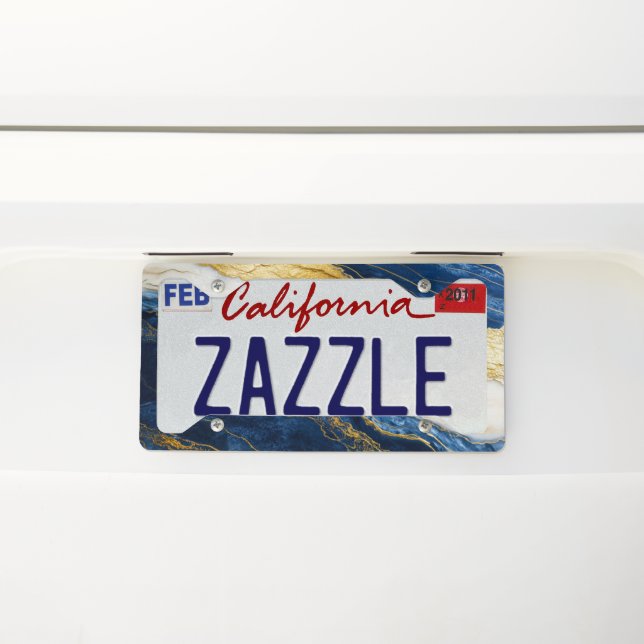 Luxurious Navy Blue & Gold Leaf Marble License Plate Frame (On Car)