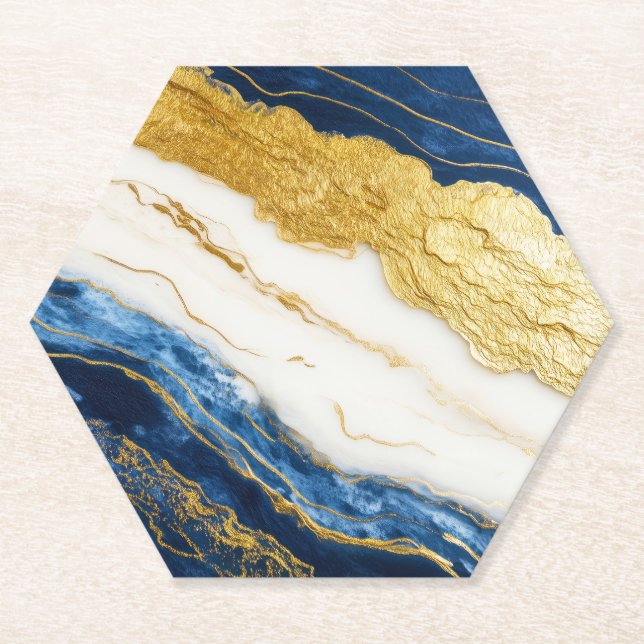 Luxurious Navy Blue & Gold Leaf Marble Paper Coaster (Front)