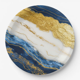 Luxurious Navy Blue & Gold Leaf Marble Paper Plates