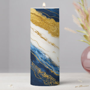 Luxurious Navy Blue & Gold Leaf Marble Pillar Candle