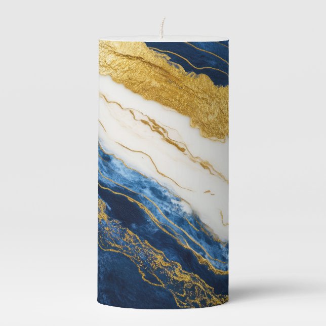 Luxurious Navy Blue & Gold Leaf Marble Pillar Candle (Front)