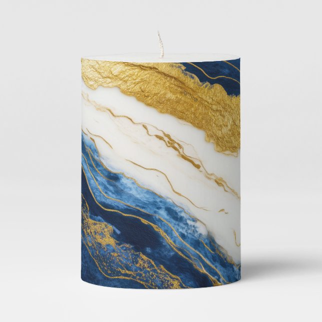 Luxurious Navy Blue & Gold Leaf Marble Pillar Candle (Front)