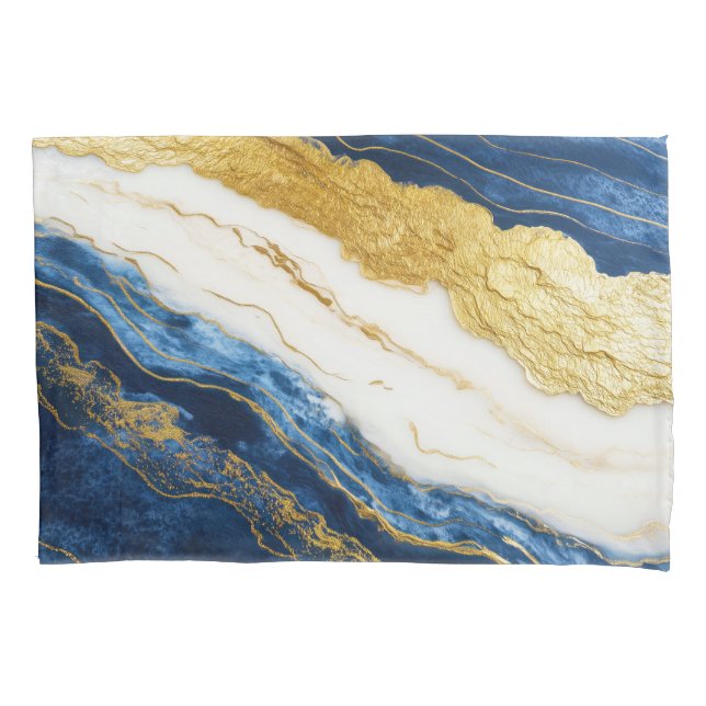 Luxurious Navy Blue & Gold Leaf Marble Pillow Case (Front)