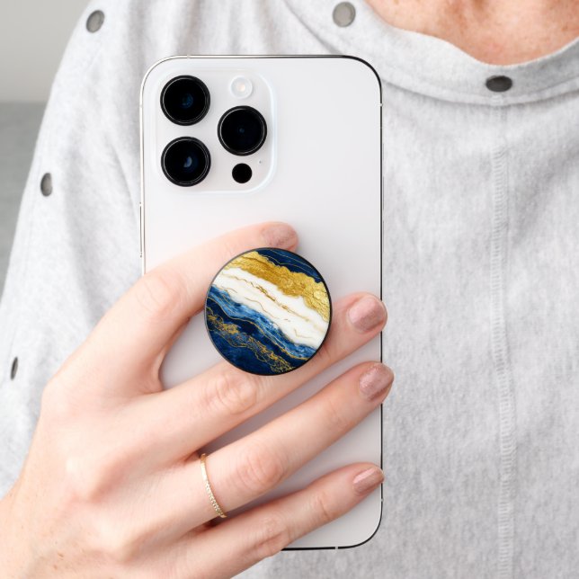 Luxurious Navy Blue & Gold Leaf Marble PopSocket (Hand)