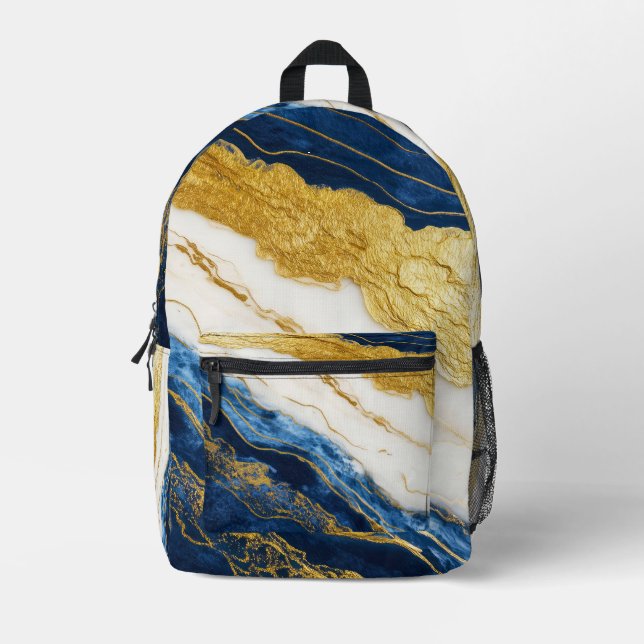 Luxurious Navy Blue & Gold Leaf Marble Printed Backpack (Front)