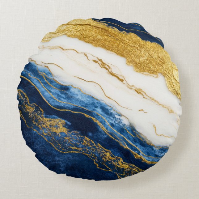 Luxurious Navy Blue & Gold Leaf Marble Round Pillow (Front)