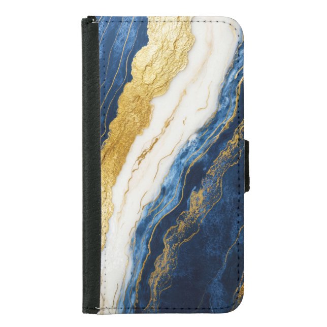 Luxurious Navy Blue & Gold Leaf Marble Samsung Galaxy Wallet Case (Front)