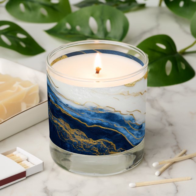 Luxurious Navy Blue & Gold Leaf Marble Scented Candle (Lit)