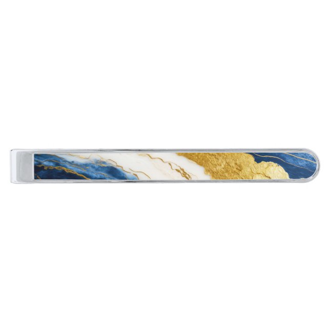Luxurious Navy Blue & Gold Leaf Marble Silver Finish Tie Bar (Front)