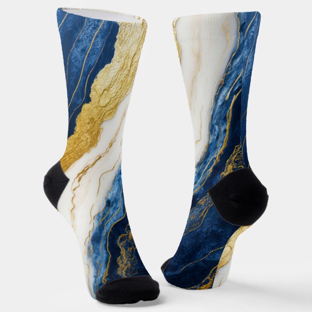 Luxurious Navy Blue & Gold Leaf Marble Socks (Angled)