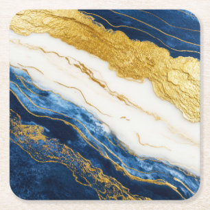 Luxurious Navy Blue & Gold Leaf Marble Square Paper Coaster