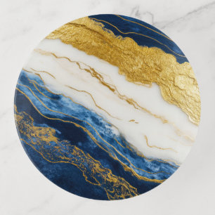 Luxurious Navy Blue & Gold Leaf Marble Trinket Tray