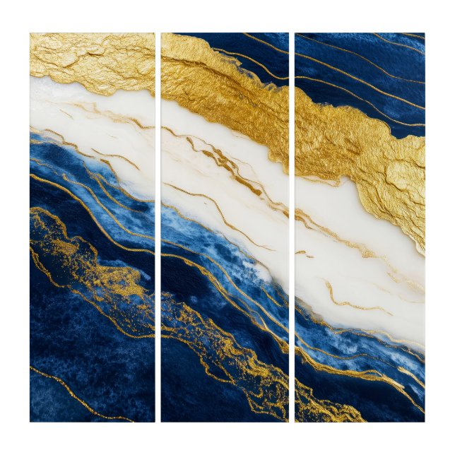 Luxurious Navy Blue & Gold Leaf Marble Triptych (Front)