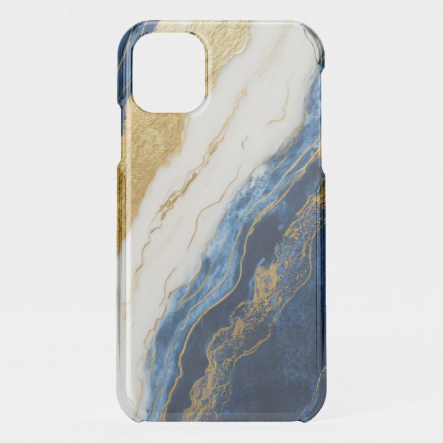 Luxurious Navy Blue & Gold Leaf Marble Uncommon iPhone Case (Back)