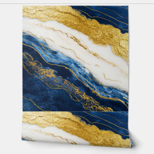 Luxurious Navy Blue & Gold Leaf Marble Wallpaper