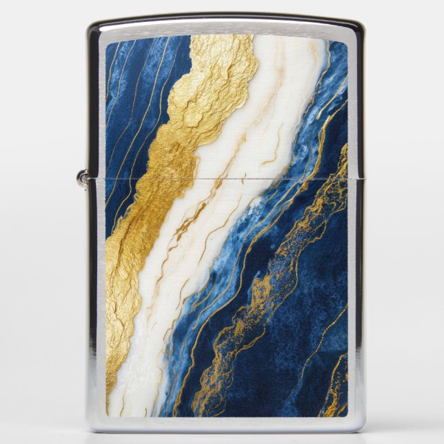 Luxurious Navy Blue & Gold Leaf Marble Zippo Lighter (Front)