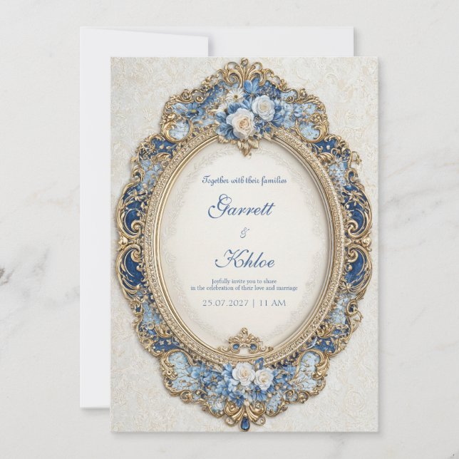 Luxurious Navy Blue Gold Rococo Oval Frame Wedding Invitation (Front)