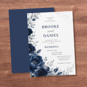 Luxurious Navy Floral Crescent Silver Dust Wedding Invitation