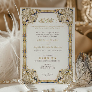 Luxurious Navy Gold Cream Islamic Wedding Invitation