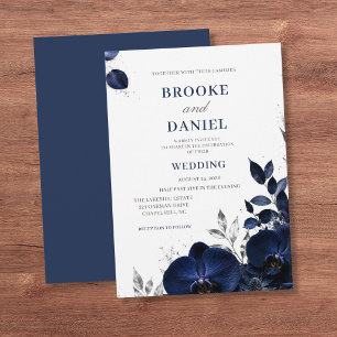 Luxurious Navy Orchid Silver Glitter Wedding Invitation