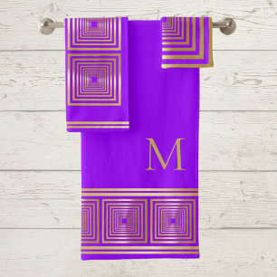 Luxurious neon lilac violet gold name Towel set