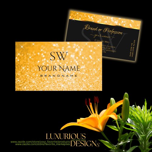 Luxurious Orange Glitter Luminous Stars Monogram Business Card