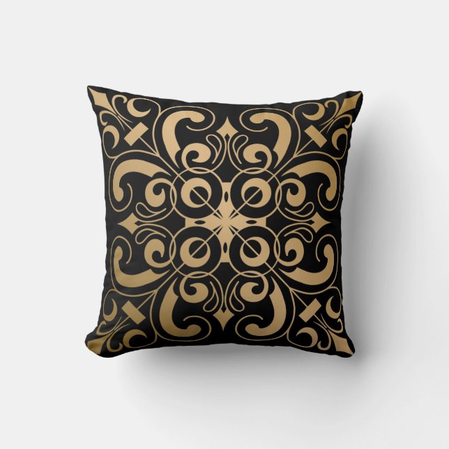 Luxurious Ornate Gold and Black Throw Pillow (Front)