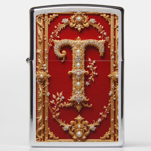 Luxurious Ornate Gold Letter T Zippo Lighter (Front)