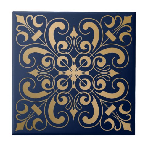 Luxurious Ornate Gold Navy Ceramic Tile