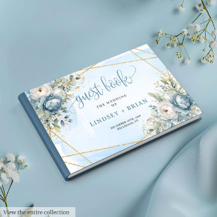 Luxurious Pastel Blue White Gold Flowers Wedding Guest Book
