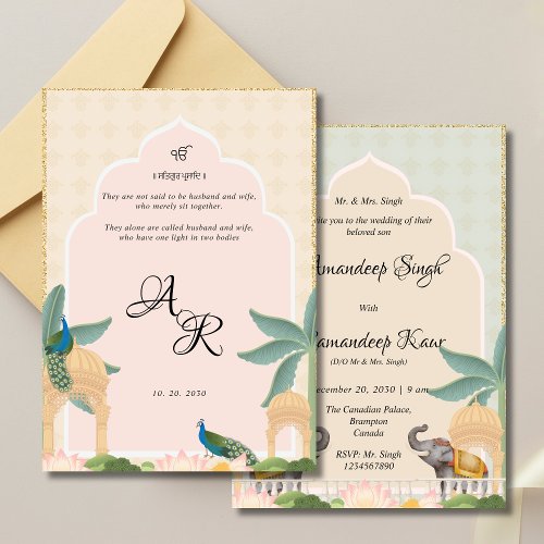 Luxurious pastel Mughal theme invitation card Sikh