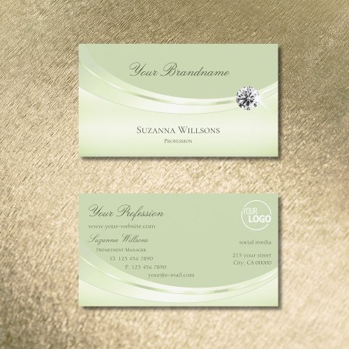 Luxurious Pastel Sage Green with Logo and Diamond Business Card