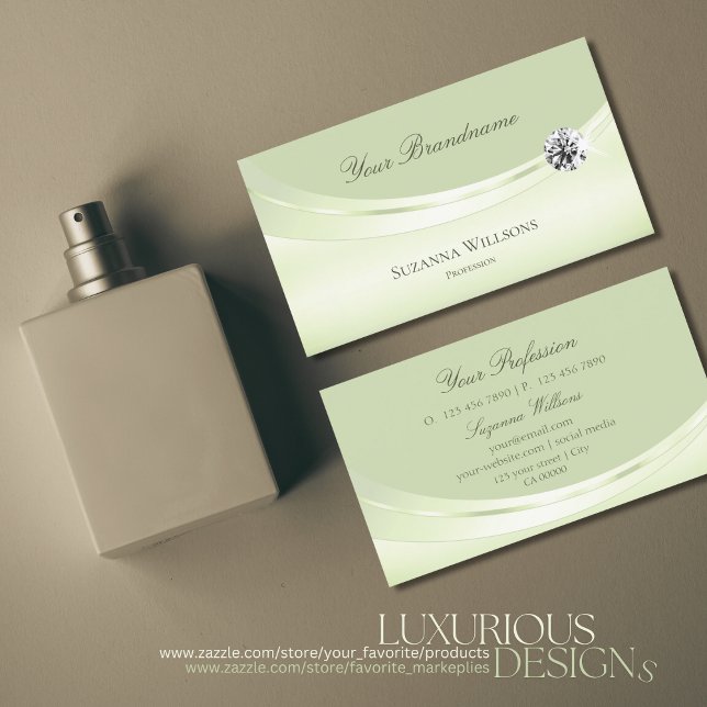 Luxurious Pastel Sage Green with Sparkled Diamond Business Card (Creator Uploaded)