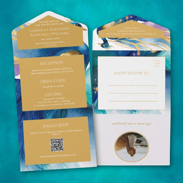 Luxurious Peacock Blue QR code photo Wedding  All In One Invitation (Creator Uploaded)