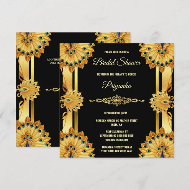Luxurious peacock feather fan gold black elegant holiday card (Front/Back)
