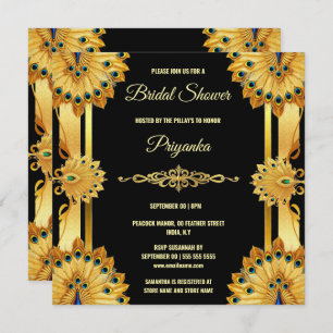 Luxurious peacock feather fan gold black elegant holiday card