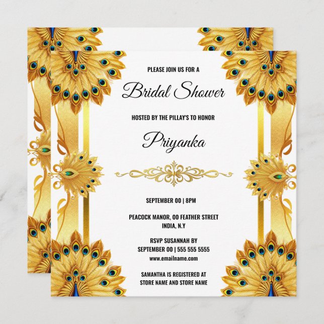 Luxurious peacock feather fan gold white elegant holiday card (Front/Back)