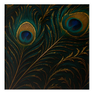 Luxurious Peacock Feathers Golden Teal Pattern Acrylic Print