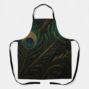 Luxurious Peacock Feathers Golden Teal Pattern Apron