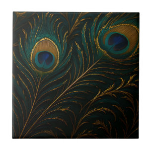 Luxurious Peacock Feathers Golden Teal Pattern Ceramic Tile