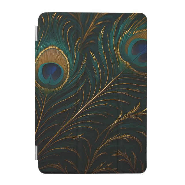 Luxurious Peacock Feathers Golden Teal Pattern iPad Mini Cover (Front)