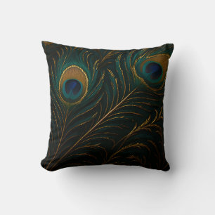 Luxurious Peacock Feathers Golden Teal Pattern Throw Pillow