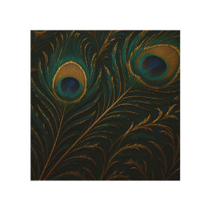 Luxurious Peacock Feathers Golden Teal Pattern Wood Wall Art