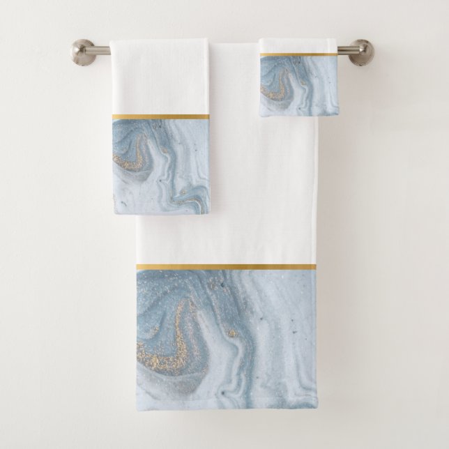 LUXURIOUS PEARL BLUE MARBLE DESIGN TOWEL SET (Insitu)