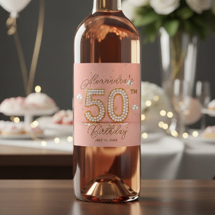 Luxurious Pearl Soft Pink Gold 50th Birthday Wine Label