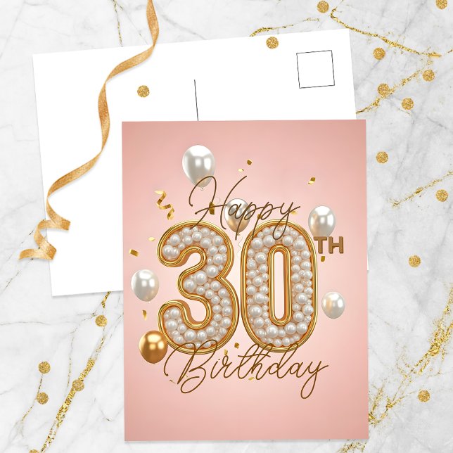 Luxurious Pearls and Gold Accents 30th Birthday Postcard (Creator Uploaded)