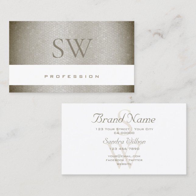 Luxurious Pearly Gray Snake Pattern with Monogram Business Card (Front/Back)