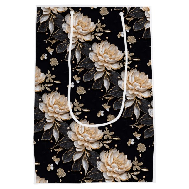 Luxurious peony flower pattern elegant floral medium gift bag (Back)